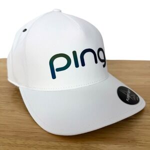 New PING Golf Hat Mens ONE SIZE White Flexfit Delta Iridescent Logo Adjustable